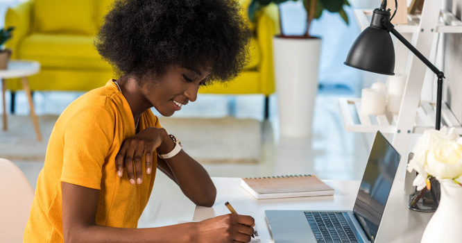 Engaged remote employee working in the new normal mobile work environment